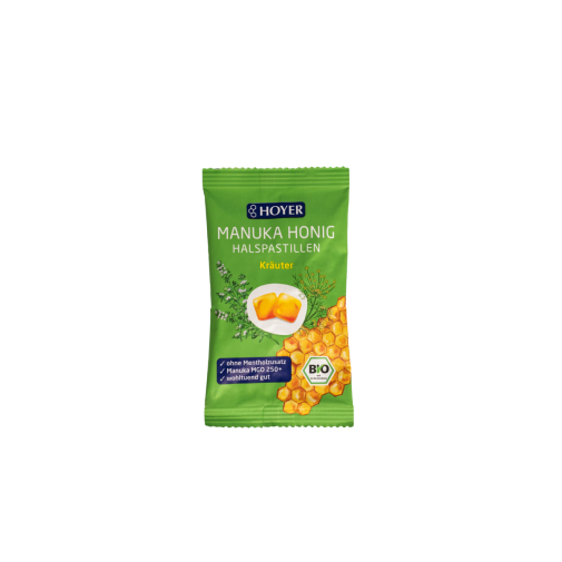 HOYER ekologiškos pastilės su Manuka medumi, pankoliu, čiobreliu be mėtos, 30g